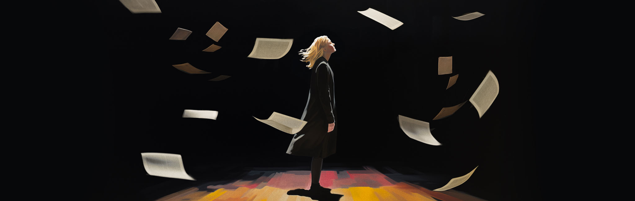 A women standing looking toward the sky with papers floating down all around her.